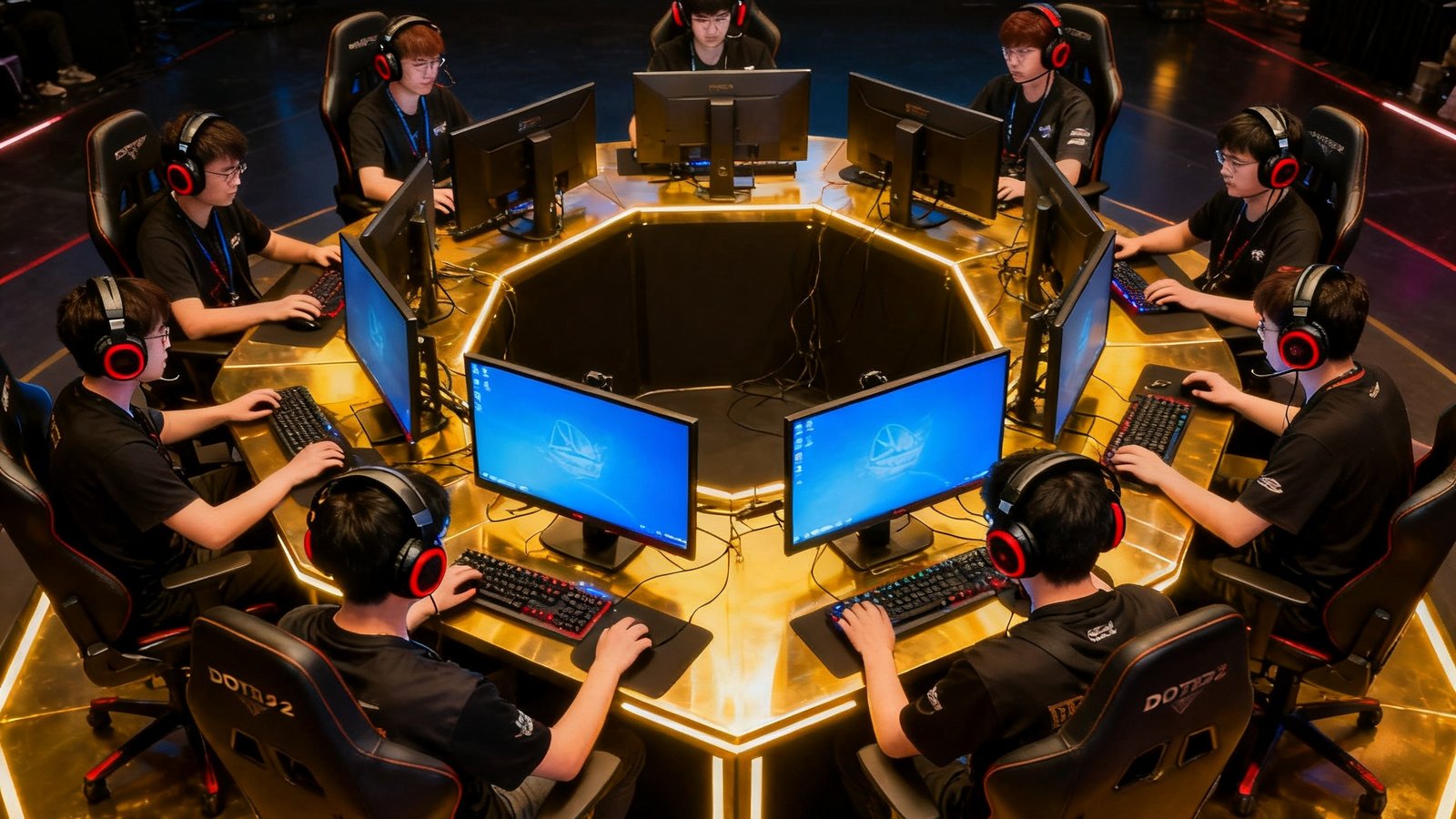DOTA2国际邀请赛舞台俯视图，十台电竞显示器围成弧形排列，选手们佩戴降噪耳机专注操作，顶部大屏幕显示实时经济曲线