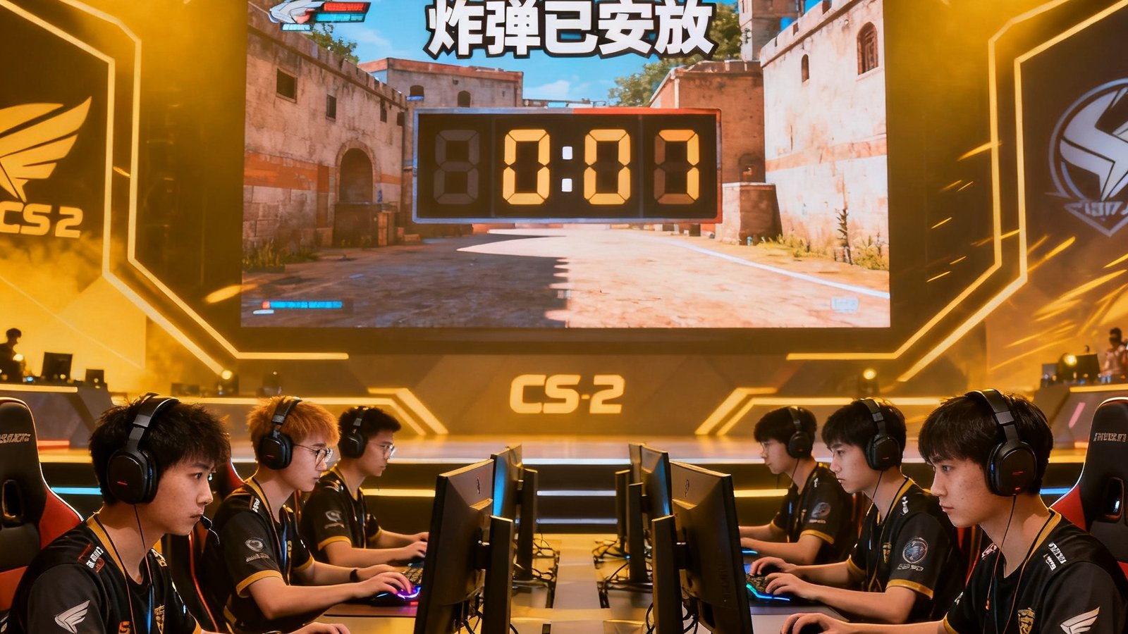 CS2职业比赛现场，两支战队分列舞台两侧，选手紧握鼠标凝视屏幕，中央大屏显示炸弹已安放的倒计时画面